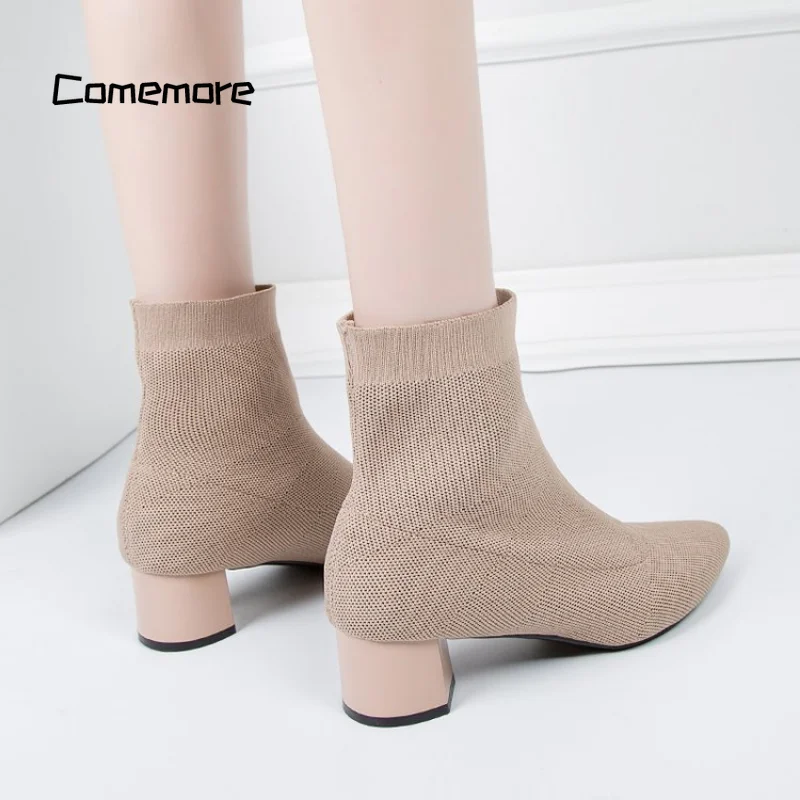 Comemore 2024 Trend Fashion Winter Stretch Knitted Women Ankle Boots Black Heels Femme Pointed Sock Shoe Women\'s Shoes with Heel