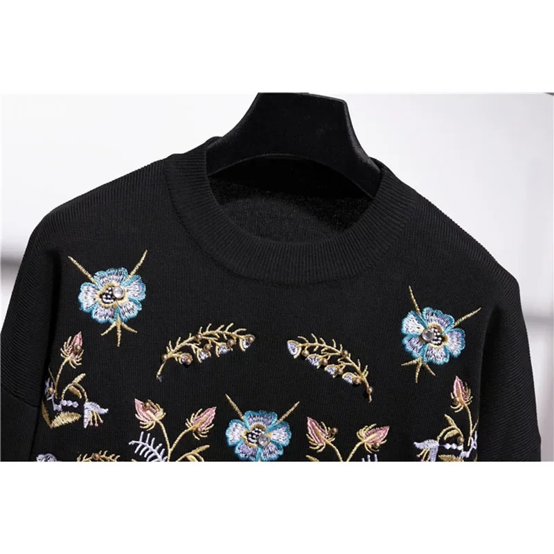 Fashion Flower Embroidery Women Knitted Tracksuit Outfits O Neck Long Sleeve Pullover Jumper And Pencil Pant Knitwear Casual Set