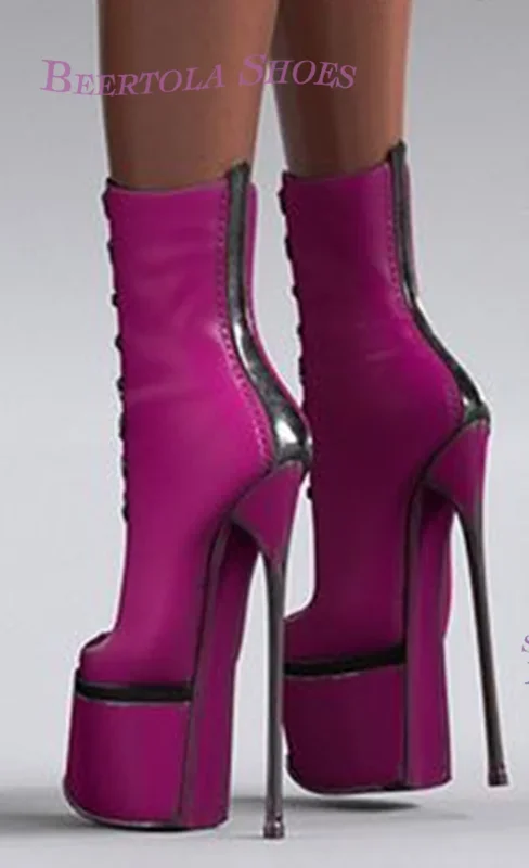 Tacones de 15Cm, botines ajustados de encaje rosa brillante para mujer, sandalias abiertas con plataforma negra y Punta abierta, tacones de aguja para baile en barra, zapato Sexy