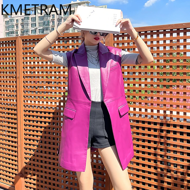 صدرية نسائية من جلد الغنم بطبقة علوية 100% سترة نسائية غير رسمية بدون أكمام من الجلد الحقيقي جديدة في سترة ملابس خريف 2025 نسائية