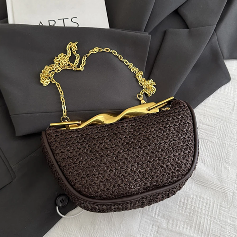 

Роскошные дизайнерские пляжные сумки для женщин, сумки и кошельки с металлической ручкой, летняя соломенная сумка через плечо из бумажной веревки