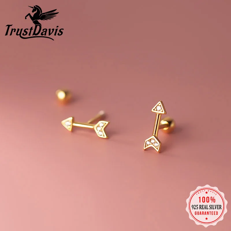 TrustDavis Real 925 Sterling Silver Fashion Sweet Arrow Shiny CZ Screw Stud Earrings For Women Office Lady Fine Jewelry DG0136