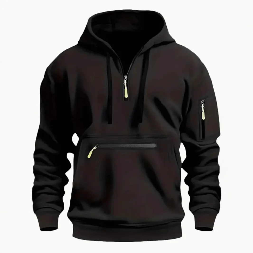 Men's hooded drawstring zipper pocket autumn and winter Hoodies fashion casual daily street solid color plus cashmere warm Tops