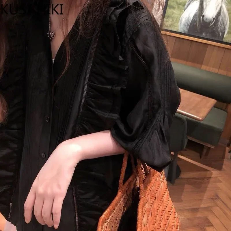 KUSAHIKI Ruffle Puff Half Sleeve V Neck Blouse 2023 Summer Korean Style Women Shirts Tops Causal Solid Blusas Camisas De Mujer