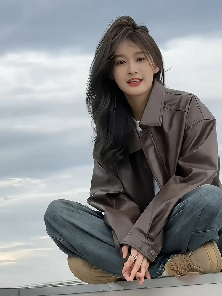 ブラウン PU レザー ジャケット レディース 春秋 スポーツ コート オートバイ ワークウェア パッド入り ジャケット ルーズフィット ロングスリーブ