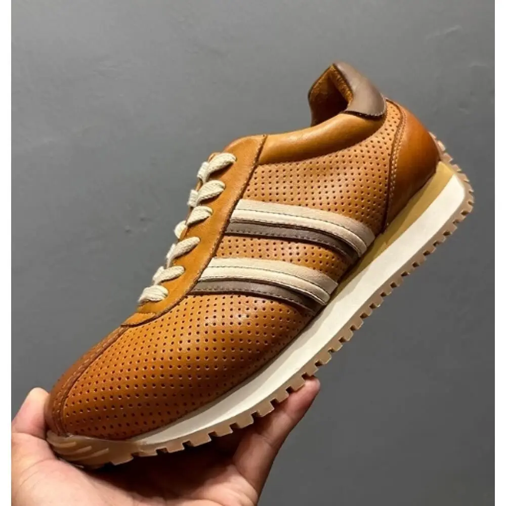 Caramel Perforated Leather Sneakers, with retro stripe design and lightweight thick sole