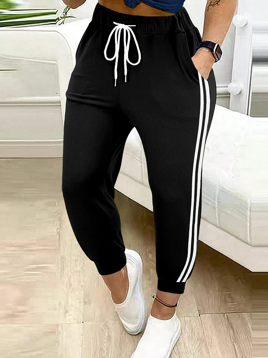 Women's Casual Drawstring Elastic High Waist Joggers Black Side Stripe Loose Harem Sweatpants Streetwear Capris Pants Autumn