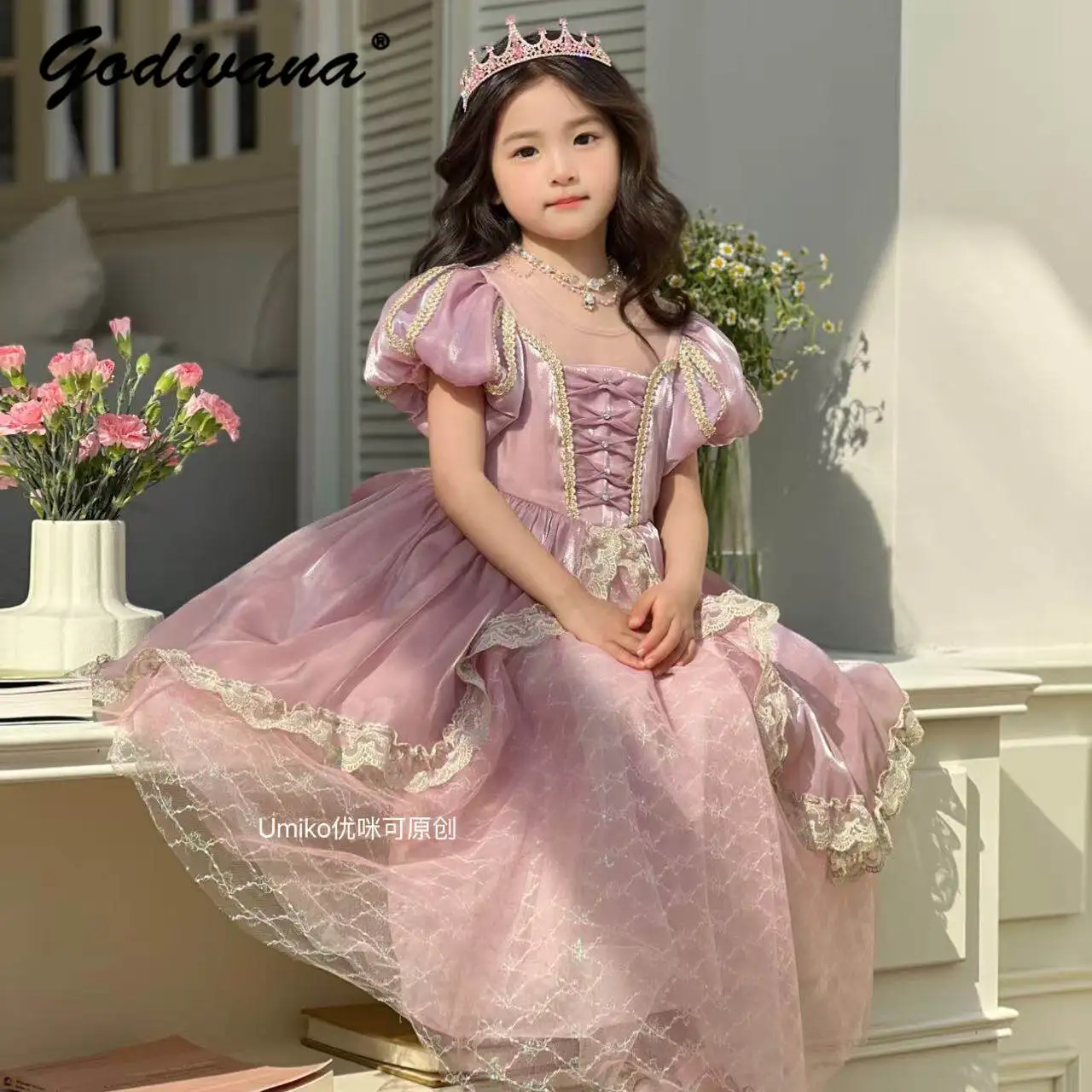 

Original Baby Girls 2026 Summer Princess Dress Kids Court Puff Sleeve Mermaid Lace Trim Mesh Patchwork Bow Birthday Party Gown