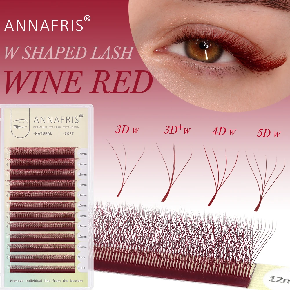 ANNAFRIS Wine Red 3D 4D 5D W Shaped Eyelash Extensions C/ D/ LU(M) 3D W Premade Volume Fan Lashes Natural Soft Colored Eyelash