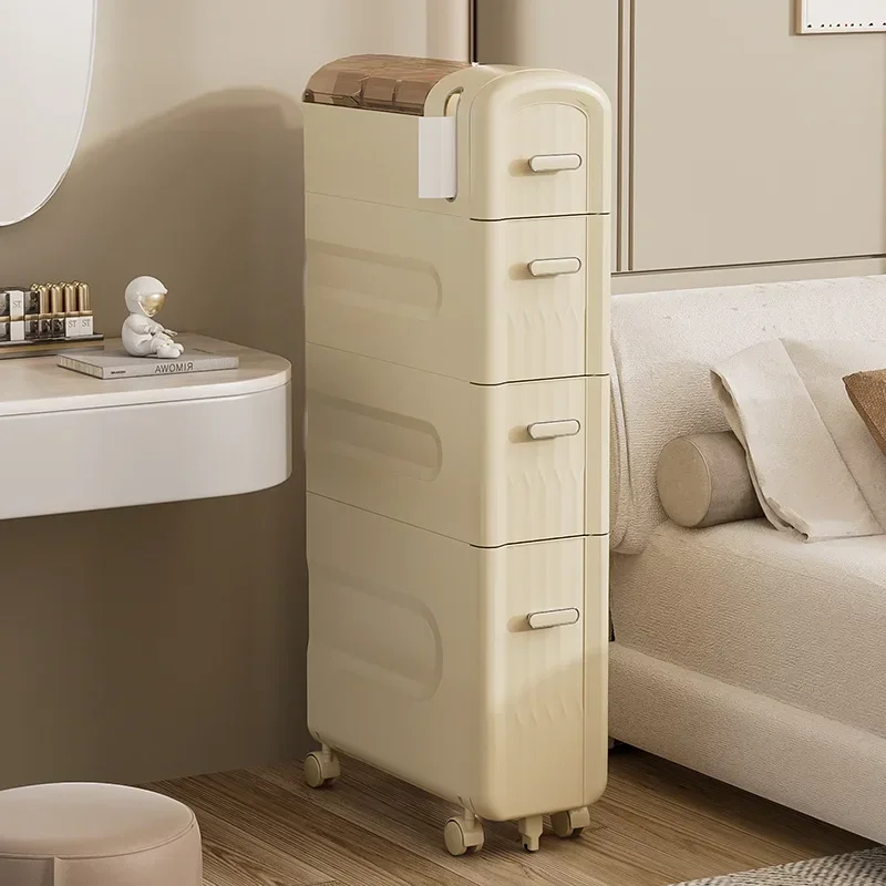 

Cream Style Transparent Plastic Seam Storage Shelf Bathroom Floor Cart Storage Cabinets Toilet Side Narrow Gap Cabinet Storage