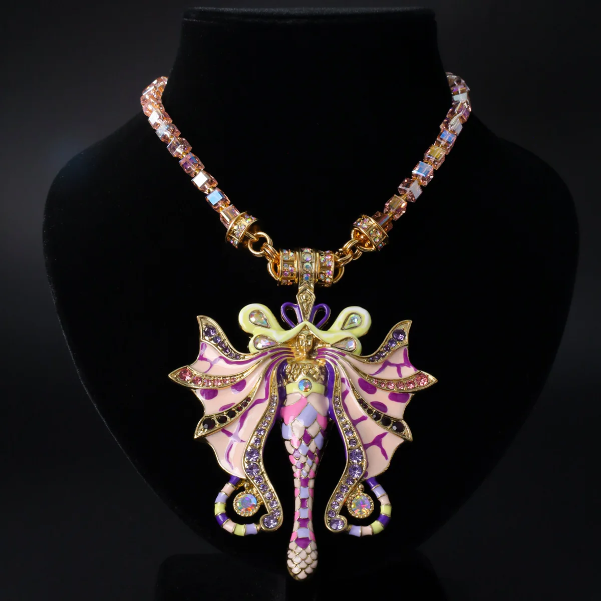 Medieval vintage necklace pink purple handmade enamel Czech diamond magnetic necklace butterfly fairy medieval necklace