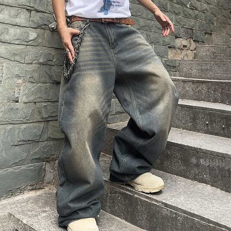กางเกงยีนส์ทรงตรงสไตล์เรโทรเกาหลีสำหรับผู้ชาย กางเกงยีนส์หลวมๆ สไตล์ลำลอง กางเกงขากว้างสีน้ำเงิน