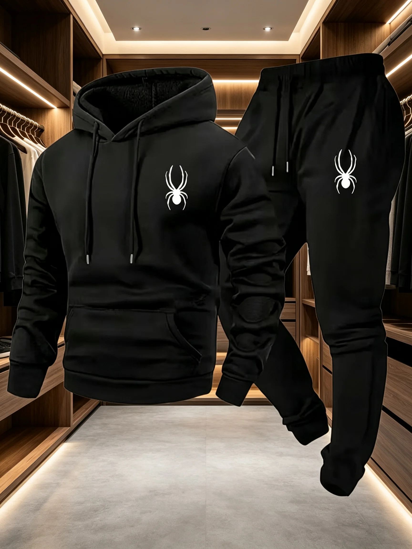 Men Easy Spider Small Print Hoodie Sweatpants 2Pcs Tracksuit Set Casual Sportswear Trendy Streetwear Daily Athletic Outfit