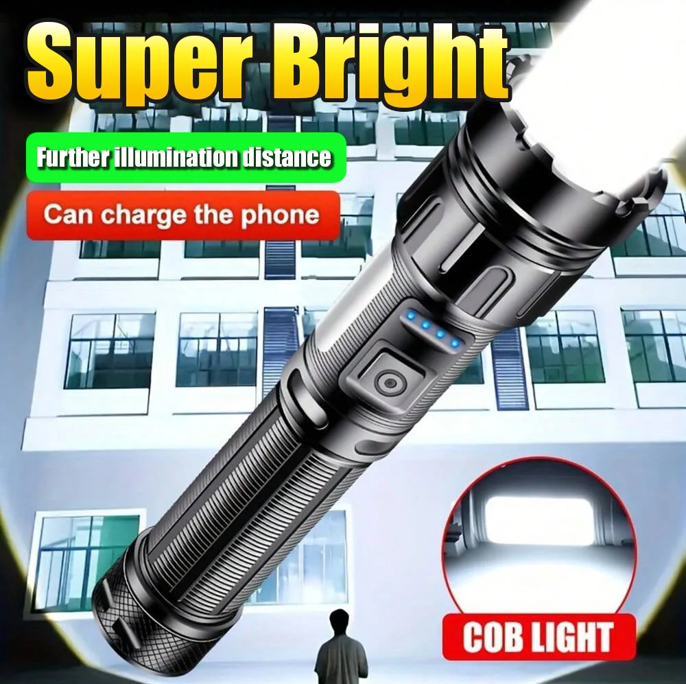 Powerful LED Flashlight Zoom Torch With COB Digital Display Portable USB Type-c Rechargeable Flashlights for Camping Hiking