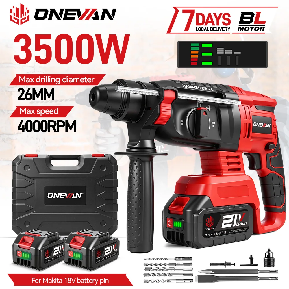 ONEVAN 3500W Bürstenloser Elektrohammer 4 Modi Kabelloser Multifunktions-Schlagbohrer Elektrowerkzeug für Makita 18V Akku