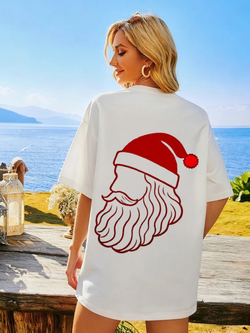 تي شيرت أبيض فضفاض بأكمام قصيرة مطبوع عليه رأس سانتا كلوز مناسب لحفلات العطلات، قميص كاجوال للسيدات #2