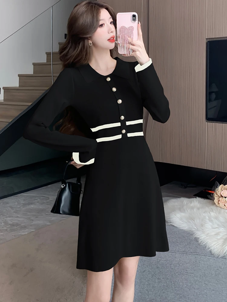 الخريف الشتاء الأبيض محبوك كم طويل بولو طوق ميدي فستان المرأة أنيقة السببية ألف خط فستان 2025 الكورية Bodycon فستان الحفلات