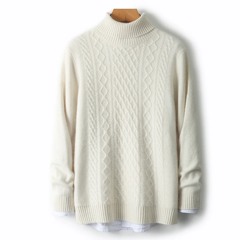 

100% pure goatwool sweater men's turtleneck winter thickened men's sweater Warm coarse needle hemp flower knit base sweater