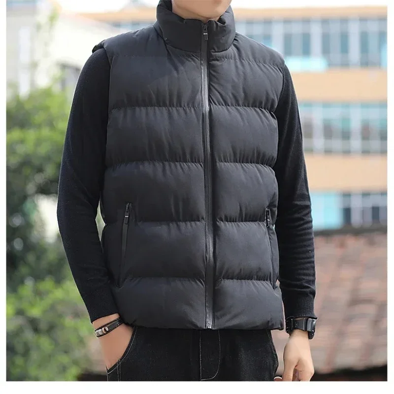 Men New Vest Winter Thick Stand Collar Solid Sleeveless Zipper Jacket Keep Warm Fashion Casual Waistcoat Veste Hommes Tracksuit