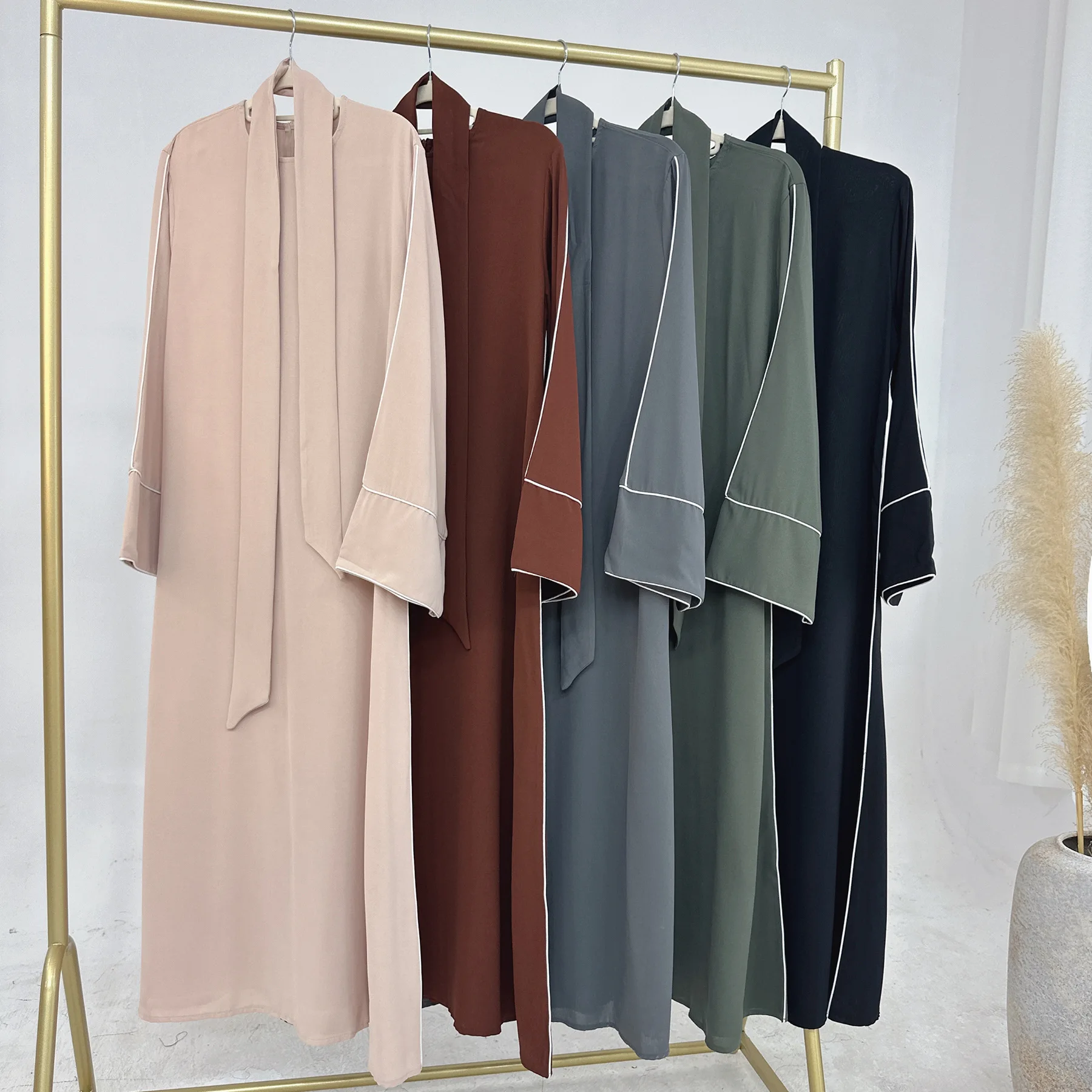 

Muslim Abaya Multi Color Long Cardigan with White Trim Elegant Modest Islam Outerwear for Women Premium Fabric Dubai Style 2025