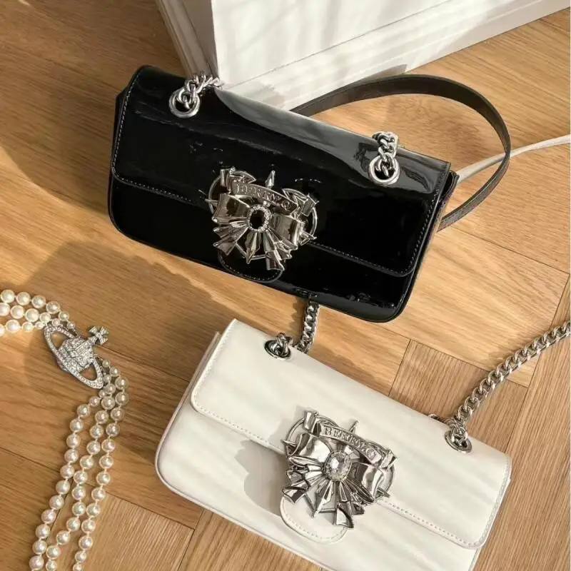 2024 Trendy Ladies Bow Knot Shoulder Bags White PU Leather Underarm Bag Stylish Flap Chain Crossbody Bags Fashion Simple Handbag