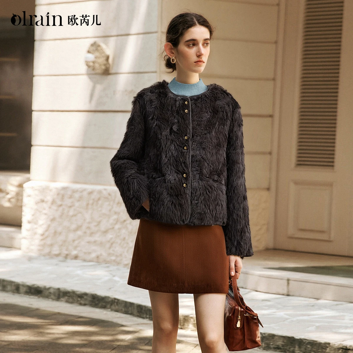 OLrain Commute معطف فرو صناعي بسيط للنساء شتاء 2025 سترات برقبة دائرية معاطف صلبة فضفاضة واحدة الصدر للسيدات GO57DP002511 #1