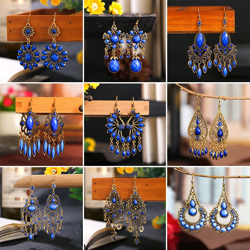 Royal Blue wiszące kolczyki w stylu etnicznym dla kobiet Boho Vintage geometryczne kolczyki z frędzlami damska biżuteria