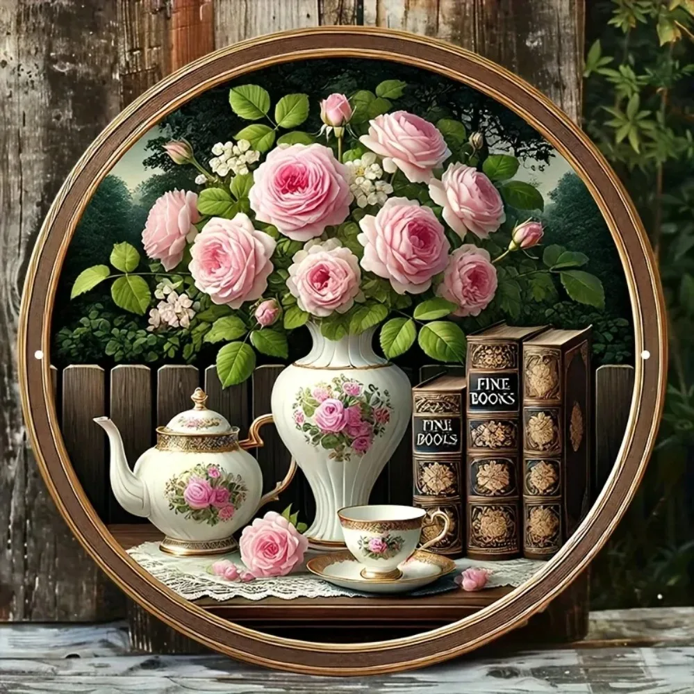 [Brand] Vintage Round Metal Sign 20x20cm, 2D Flat Rose Tea Decor Wall Plaque for Home Bar Cafe