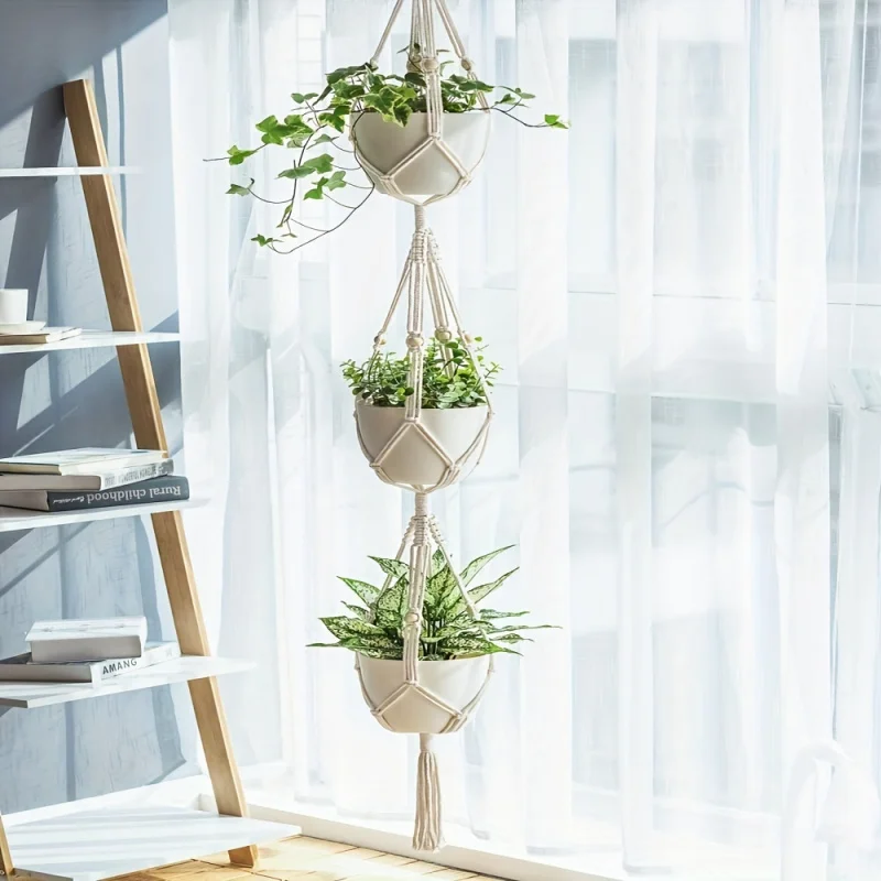 1pc, Macrame Double Plant Pendant Indoor Outdoor, 2 Tier/3Tier Hanging Planter Basket Cotton Rope With Beads 49 Inches/70 Inches