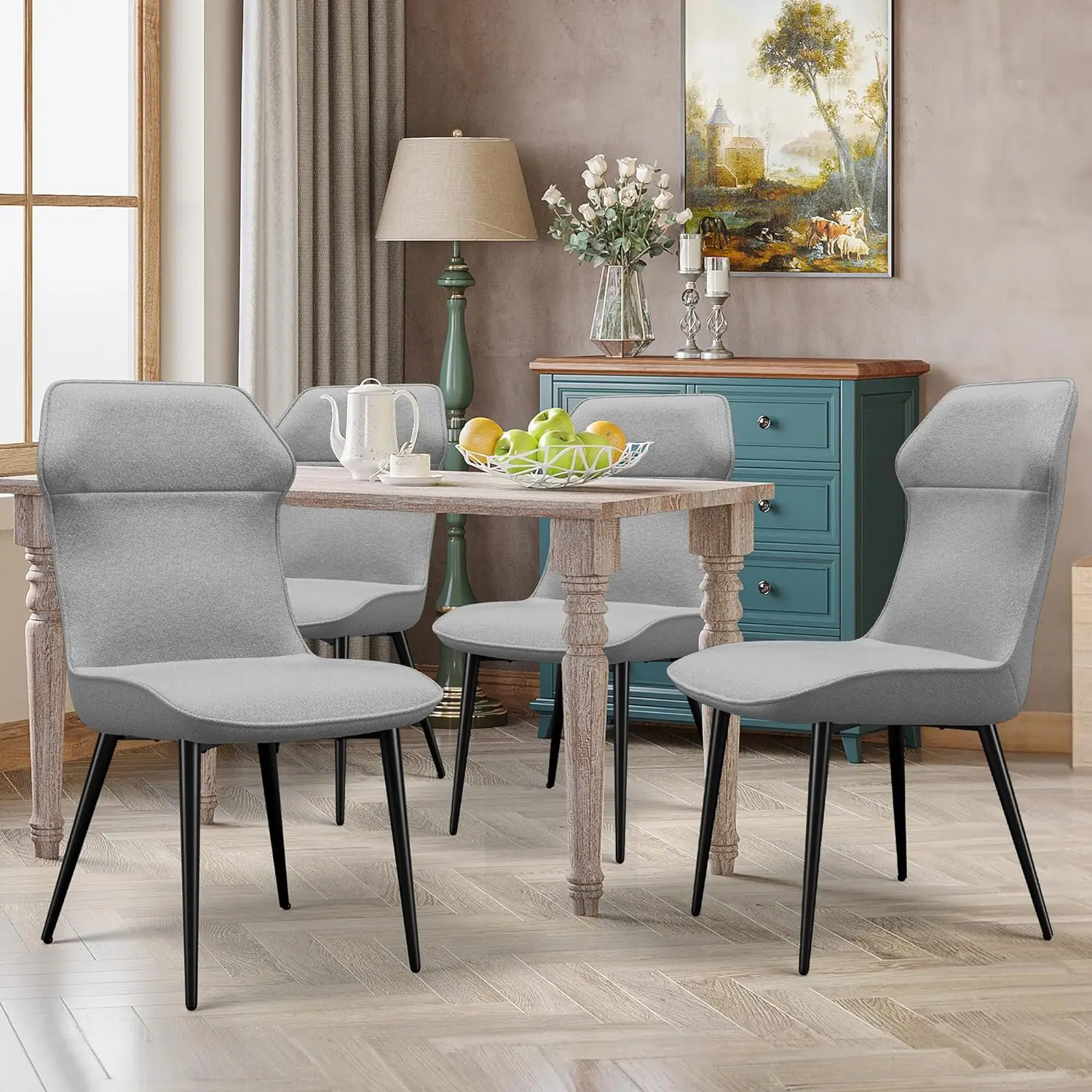 

Dining Chairs Set of 4,Classic Fabric Biggest Cushion Seat,Sturdy Metal Legs and Ergonomic backrest