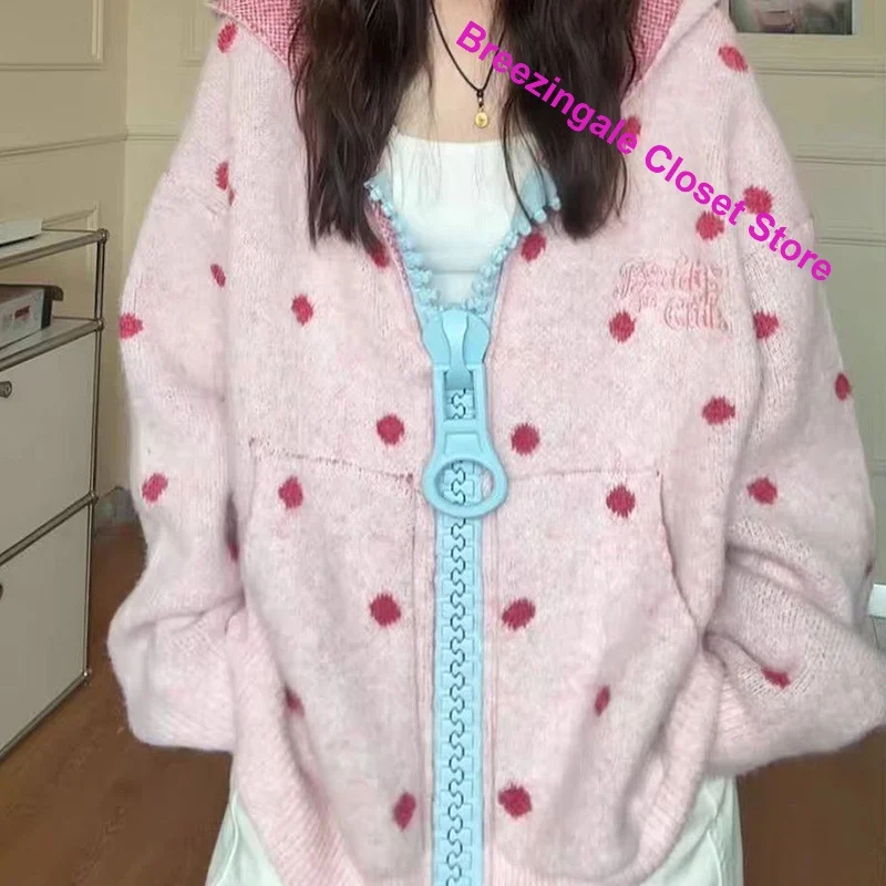 American Retro Hooded Zipper Polka-dot Contrast Sweater Women's Autumn and Winter New Loose Casual Hoodie Casual Joker Coat Top