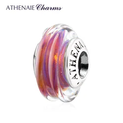 ATHENAIE Classic Purpl Striped Genuine Murano Glass Charms Bead with 925 Silver Core fit European Bracelet Gift for Women