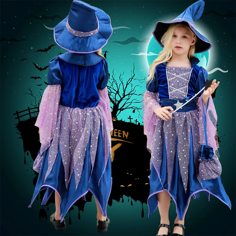 Halloween Party Costumes Witch Dress for Girls Kids Carnival Witch Costume Cosplay Dress Bag Hat Wand Suit