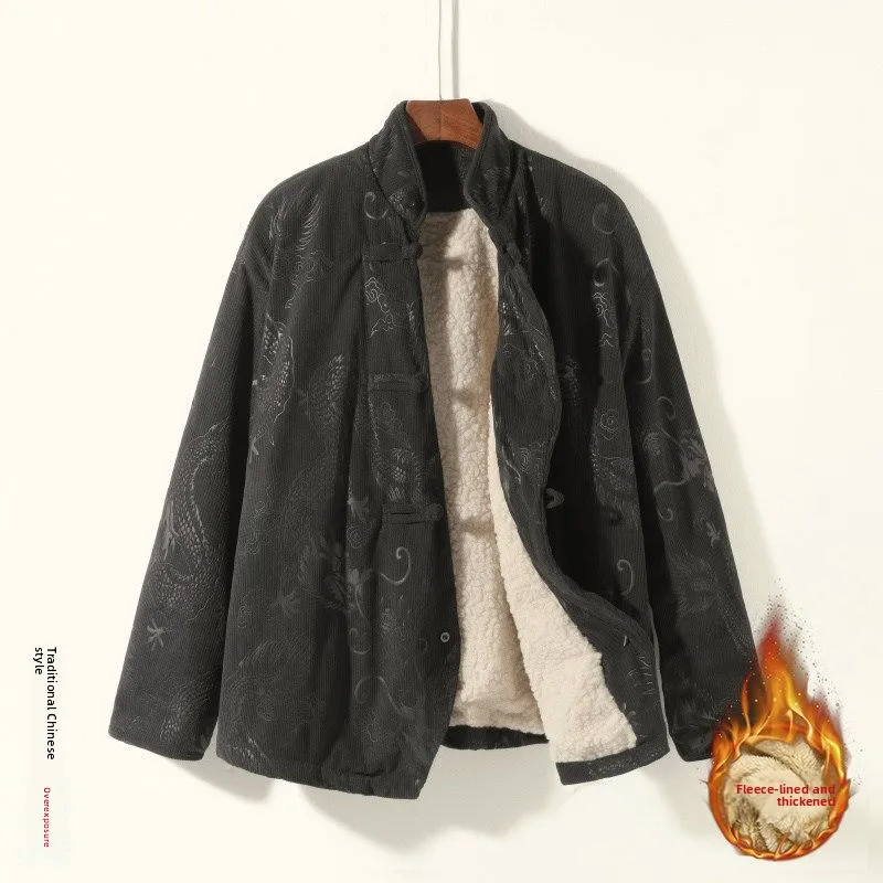 

Новая китайская зимняя куртка свободного кроя для мужчин из хлопка с вельветовым воротником на пуговицах, с узором в виде скрытых цветов и отделкой из меха ягненка