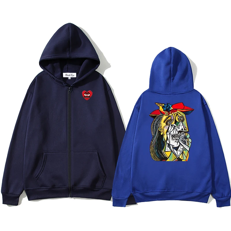 

Colorful Canvas Men Women Zipper Hoodie Cool Cute Snag Heart Embroidery Polyester Pocket Loose Thin Autumn Sweater