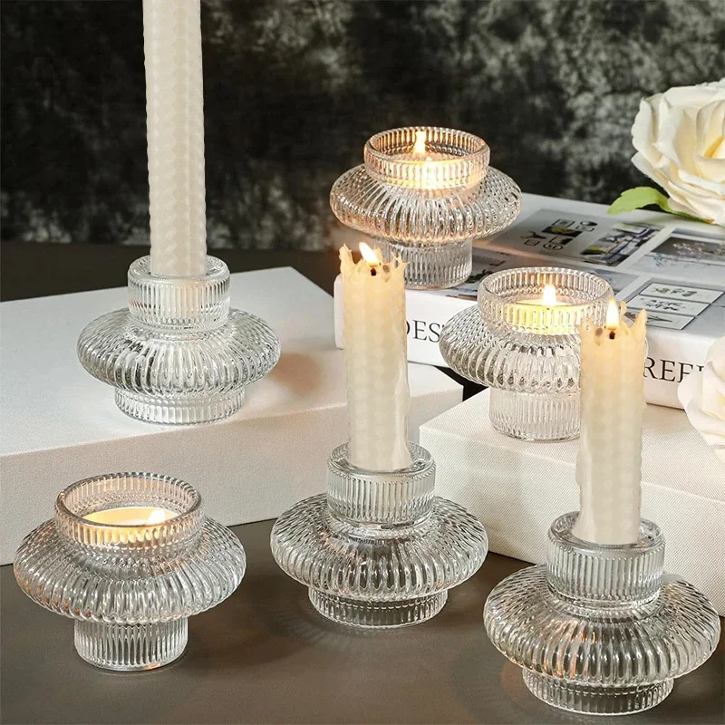 

Glass Candle Holder Stackable Dual Sided Candle Holders Double Saucer Candlestick Decoration Simple Romantic Candle Candle Cup