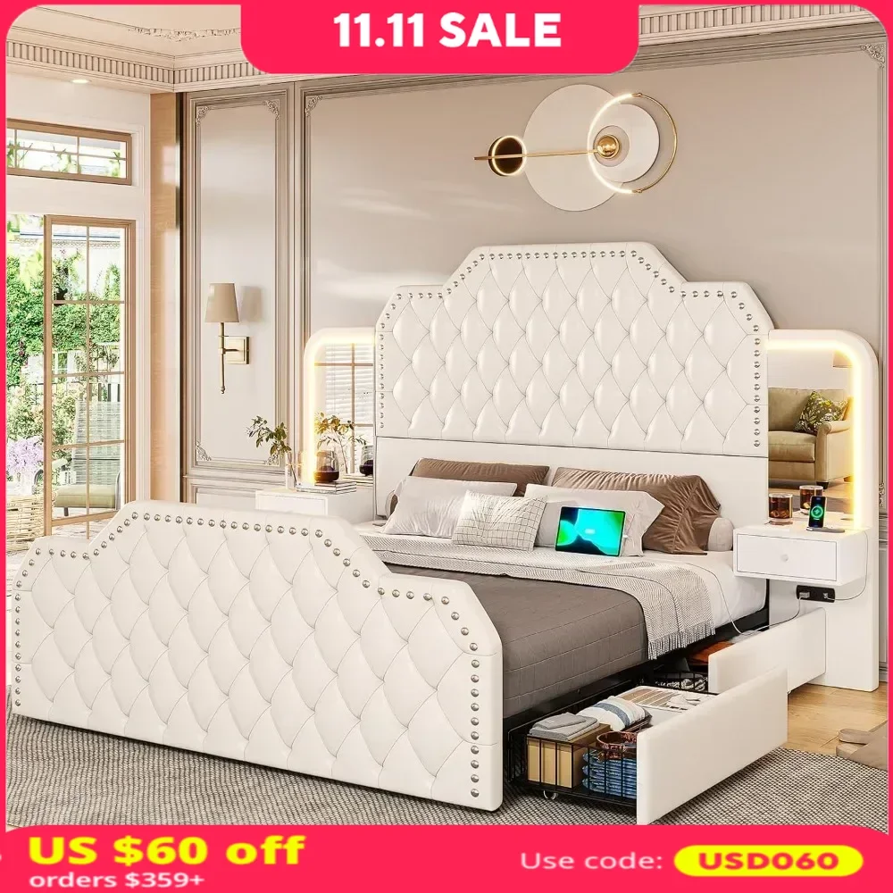 

Queen Size 53” Tall Platform Bed Frame With 4 Storage Drawers Built in Charging Station & LED Bedroom White Headboards Under Bed