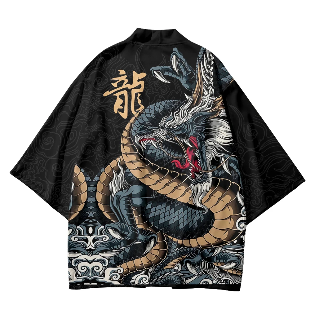 Summer Kimono Men Hawaiian Shirt Beach Cardigan Lucky Dragon Kimono Fashion Women Yukata Japanese Clothes Bathrobes Haori