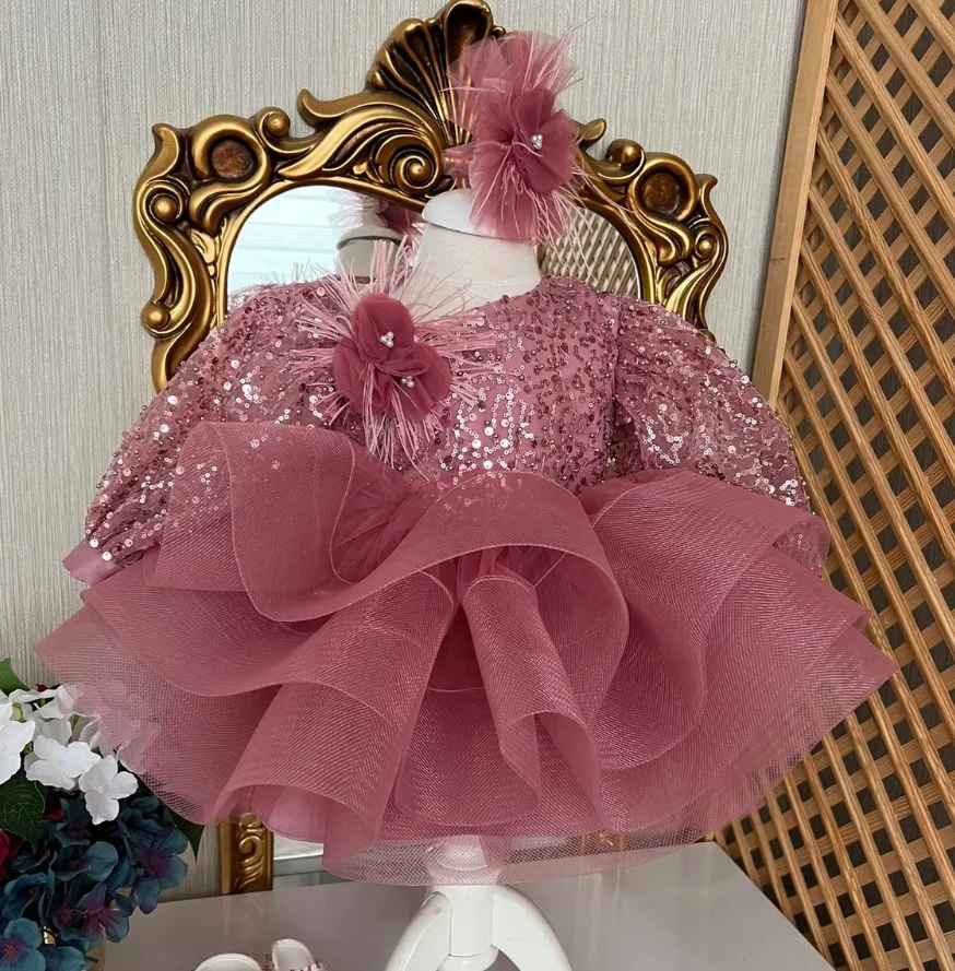 

Pink Flower Girl Dress Kid Birthday Dress 2024 Lovely Tutu Dress Sequined Top O Neck with Bow Toddler Party Dress