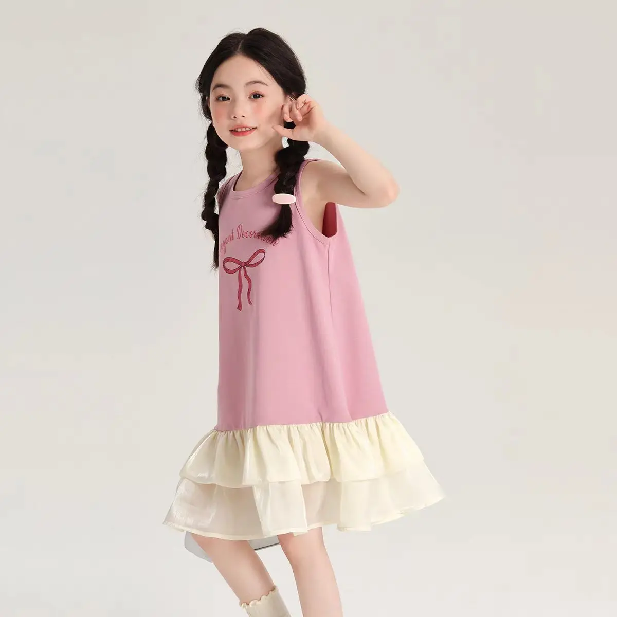 2026 Summer New Children Bow Vest Dress Sleeveless Children Summer Girls Elegant Yarn Tail Long Dress