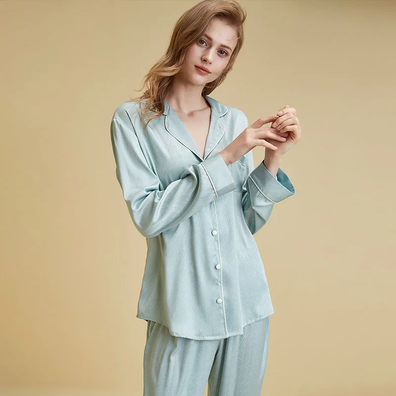 High Quality Pajamas Set Solid Long Sleeve Trouser Sleepwear Suit Loose Home Wear Pijamas Thin Imitation Silk NightwearNightgown