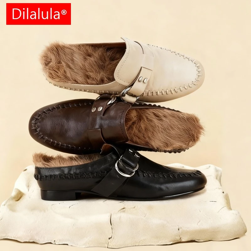 

Dilalula 2026 Natural Leather women's Covered Toe Mules Autumn Rabbit Fur Insole Med Increased Heels Leisure Luxury Slippers