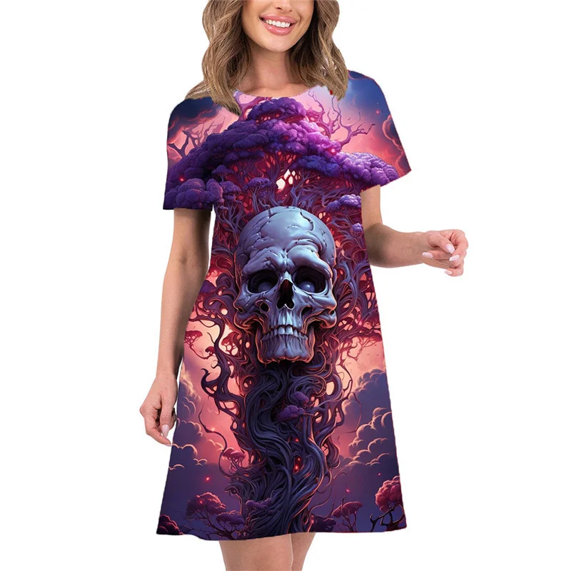 Vestido estampado de dragão feminino, manga curta, decote em O, solto, vestido em forma A, casual, vestidos de verão, novo, 2024