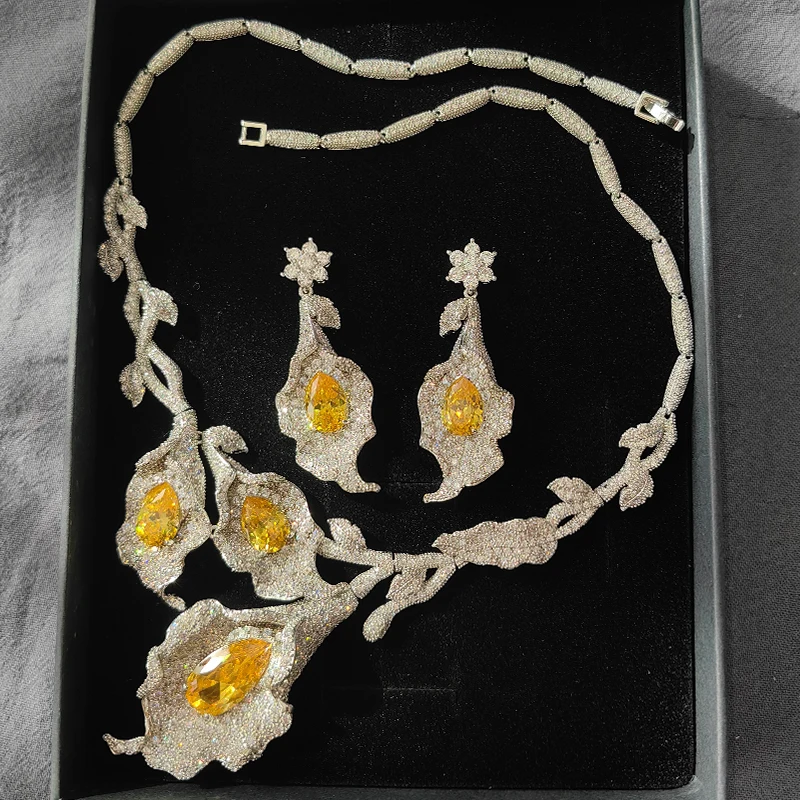 luxury jewelry sets necklace and earrings large yellow flower wedding jewelry silver color common callalily jewelry