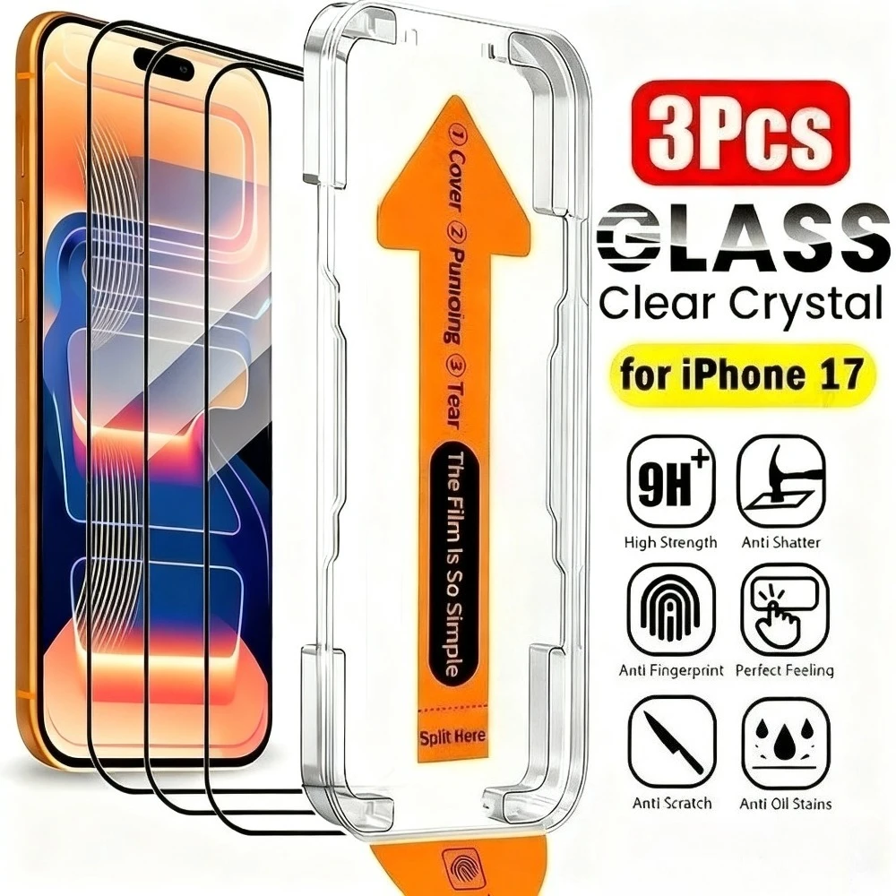 

3Pcs Ultra HD Tempered Glass for iPhone 17 16 15 14 13 Pro Max Air 12 11 Pro 15 16 Plus XS XR One Click Install Screen Protector