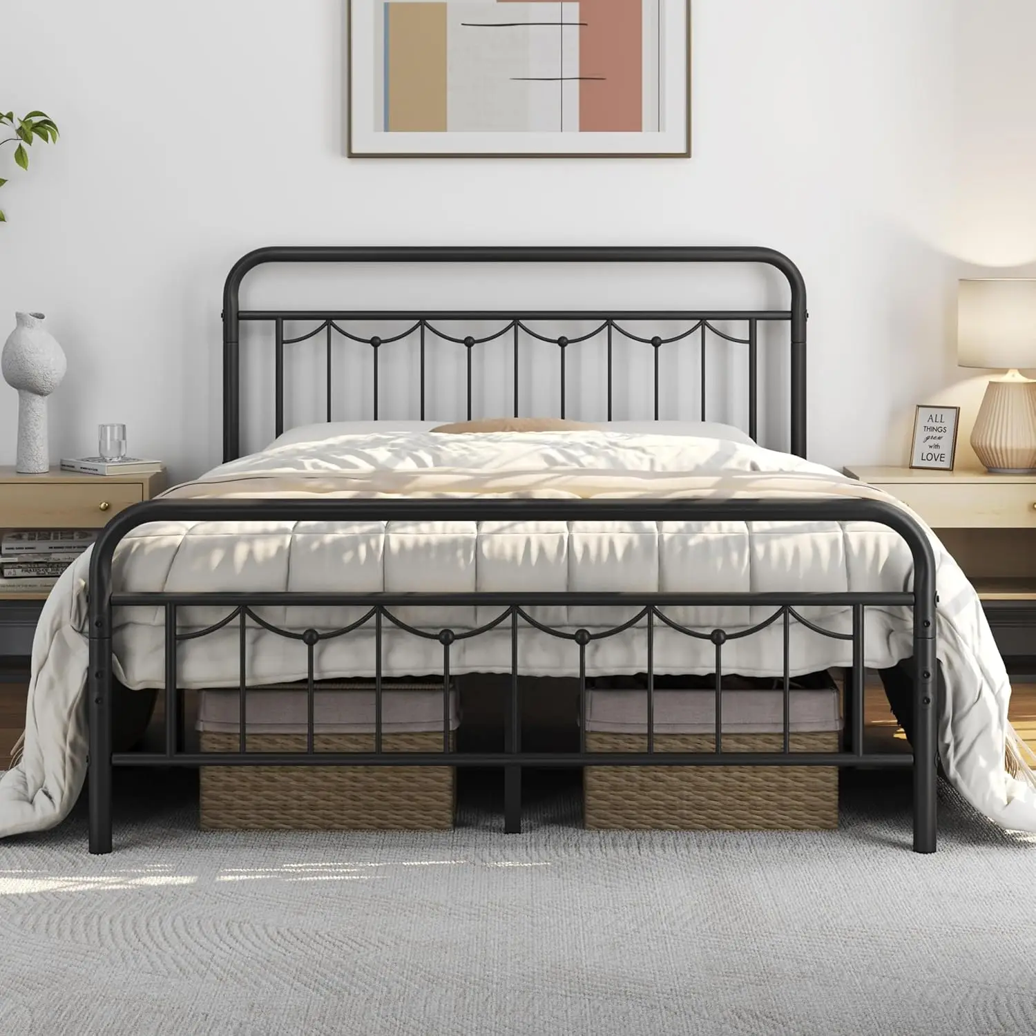 

Vintage Farmhouse Queen Metal Bed Frame with Headboard, Footboard, and Under-Bed Storage, No Box Spring Needed