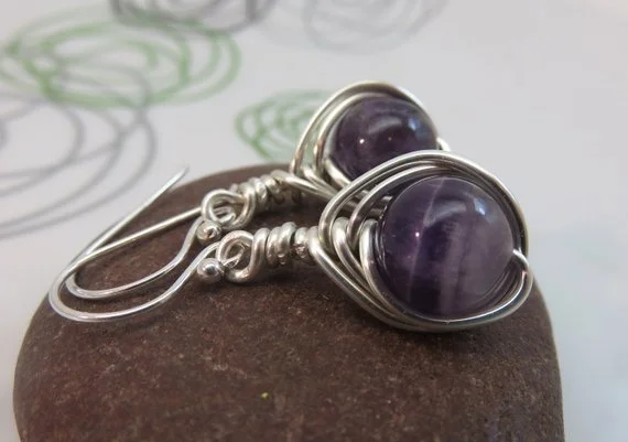 Purple amethyst earrings sterling silver wire wrapped gemstone February birthstone herringbone