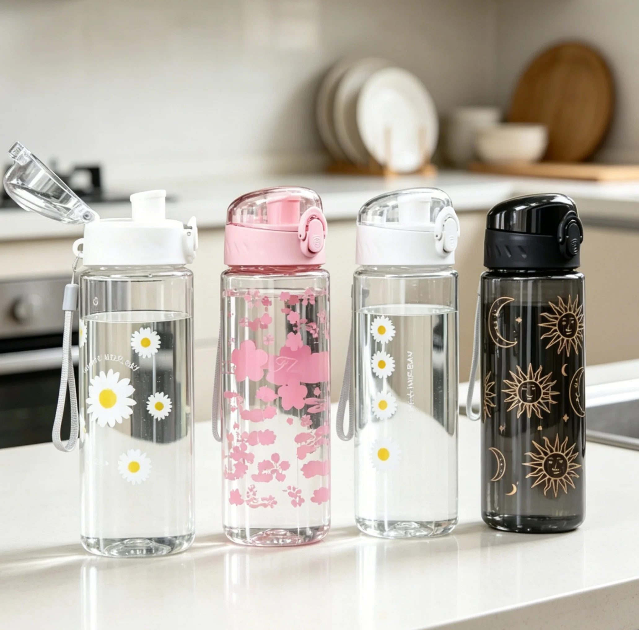 Portable Convenience Large Capacity Cherry Blossom Water Bottle with Secure Lid & Carrying Rope, High-Quality PC Material