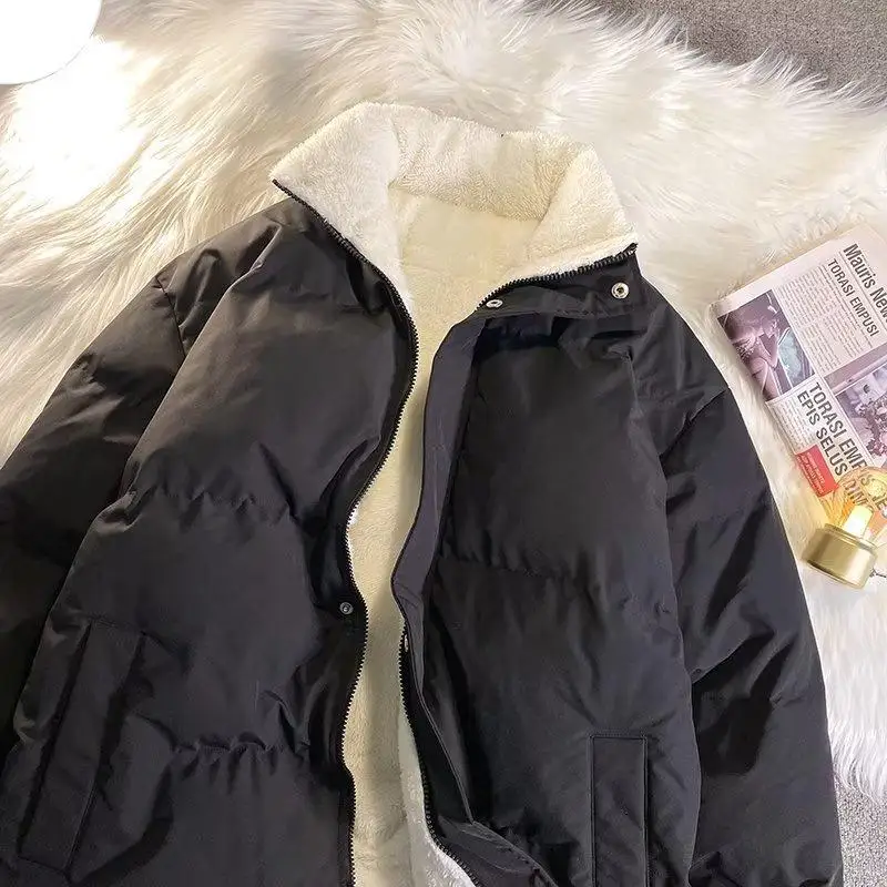 

Lamb Fur Lined Thiened Cotton Jaet Men's Loose Fit Winter Coat Casual Versatile Long Sle Zipper Closure ket Decor