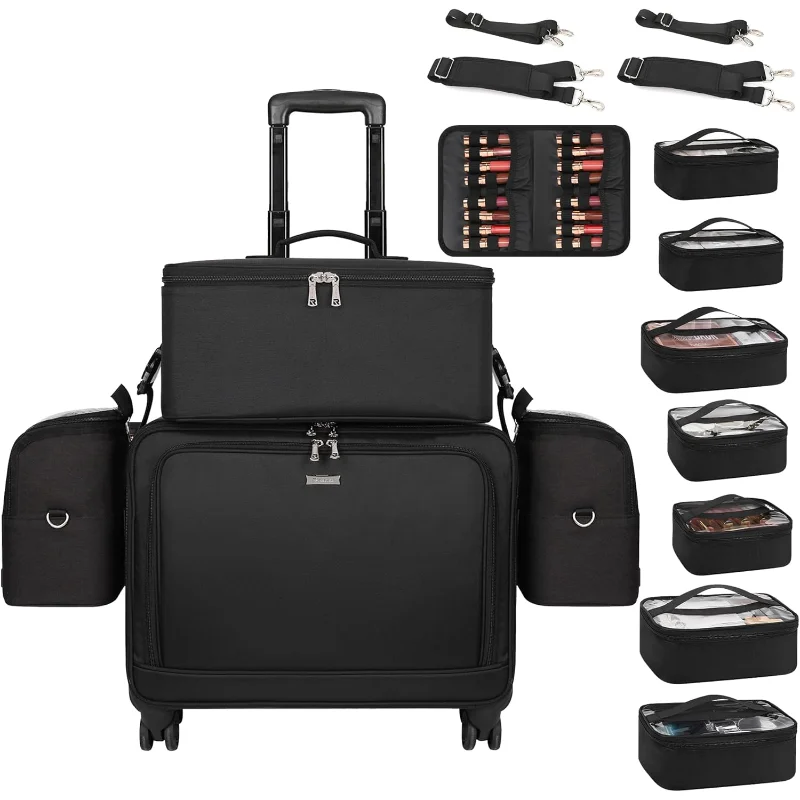 حقيبة فنان مكياج احترافية 4 في 1 حقيبة مستحضرات تجميل دوارة منظم حقيبة سفر كبيرة جدًا مع